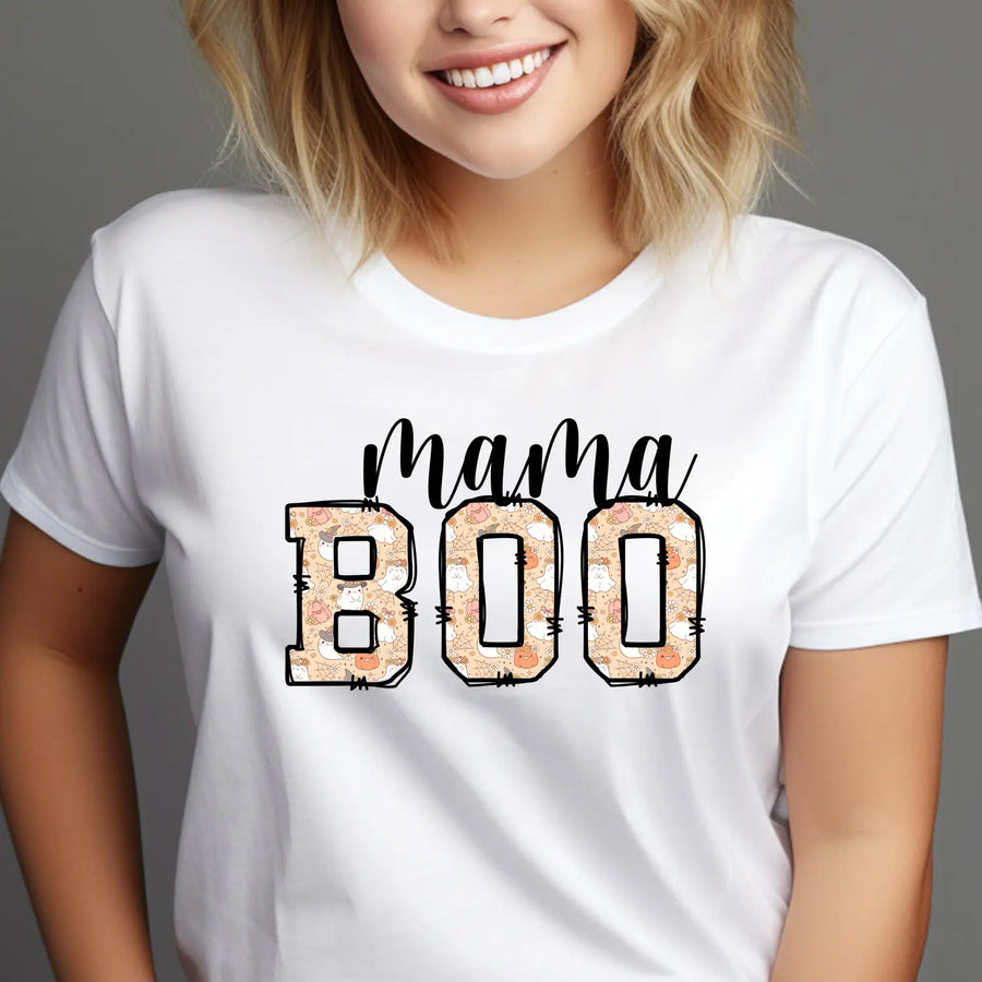 Mama Boo Halloween Shirt Adult Family Matching Outfit Trick-or-Treat Mom Tee Festive Top Soft Cotton Unisex - T-Shirt