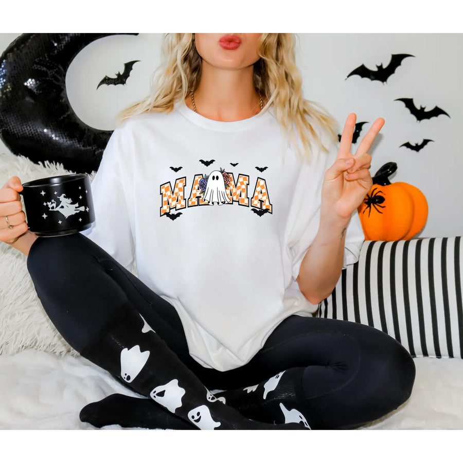 Mama Ghost Halloween T Shirt Spooky Apparel Fall Fashion Gift for Moms Trick or Treat Boo tiful Tee