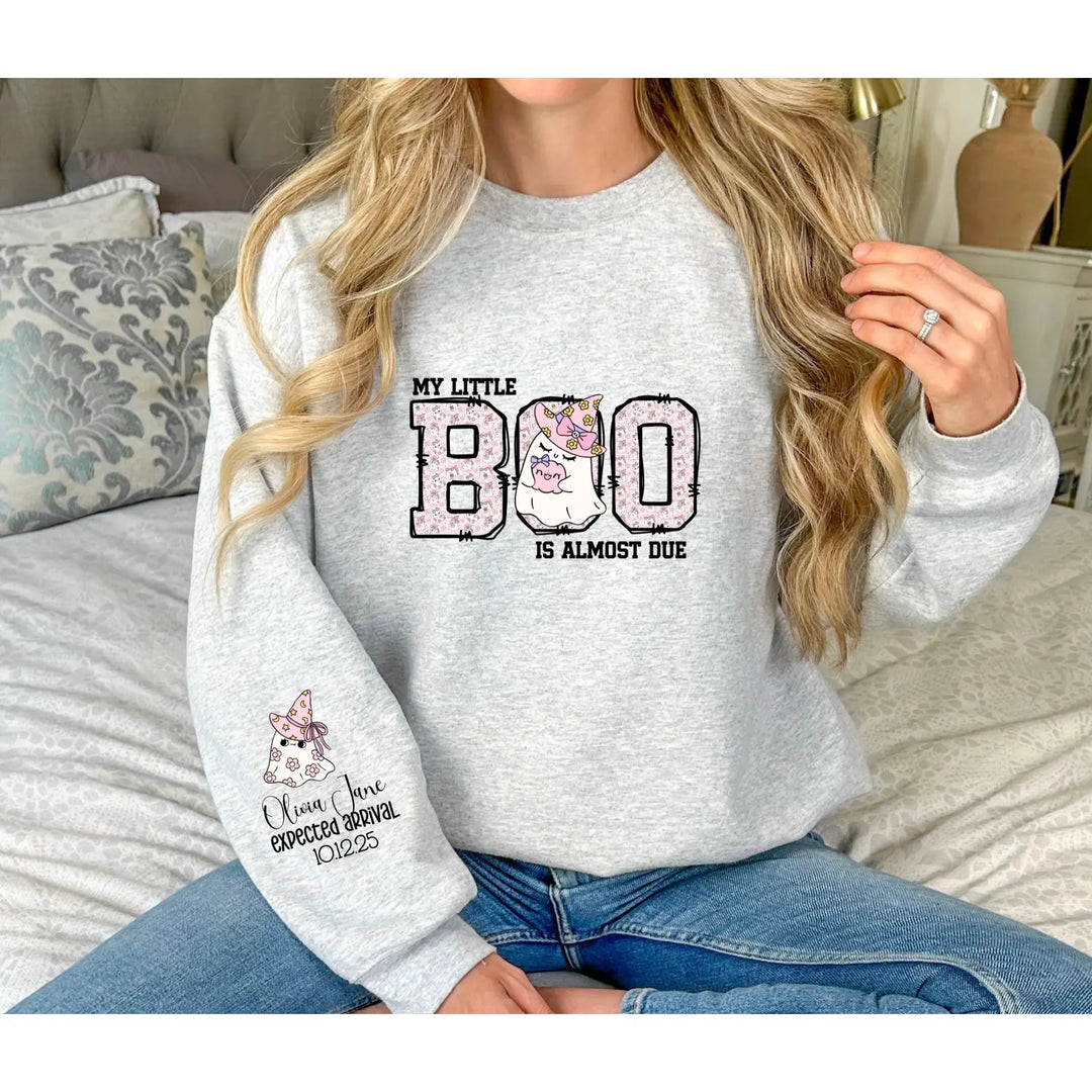 My Little Boo is Almost Due T Shirt Cute Pregnancy Announcement Top Halloween Mom Gift Baby Shower Outfit Pink Ghost
