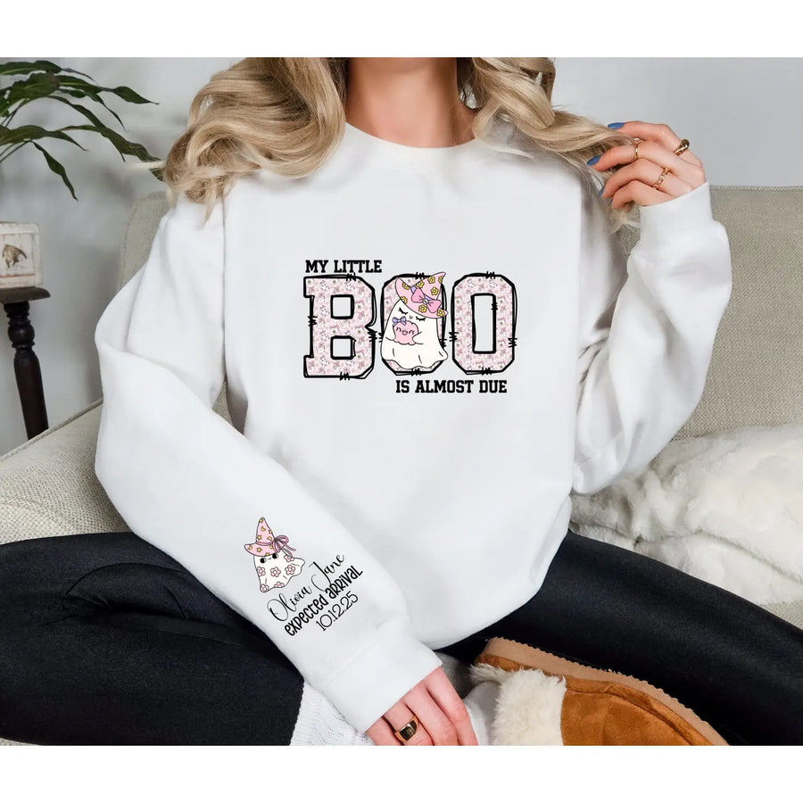 My Little Boo is Almost Due T Shirt Cute Pregnancy Announcement Top Halloween Mom Gift Baby Shower Outfit Pink Ghost