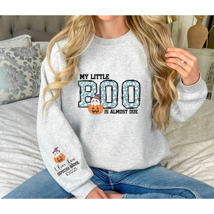 My Little Boo Is Almost Due T Shirt Unisex Pregnancy Announcement Tee Cute Mom Gift Baby Shower Halloween Sweatshirt