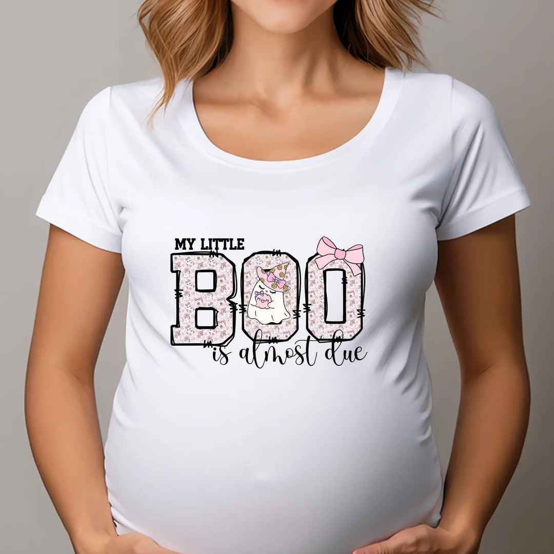 My Little Boo is Almost Dues T Shirt Cute Pregnancy Announcement Top Halloween Mom Gift Baby Shower Outfit Softstyle