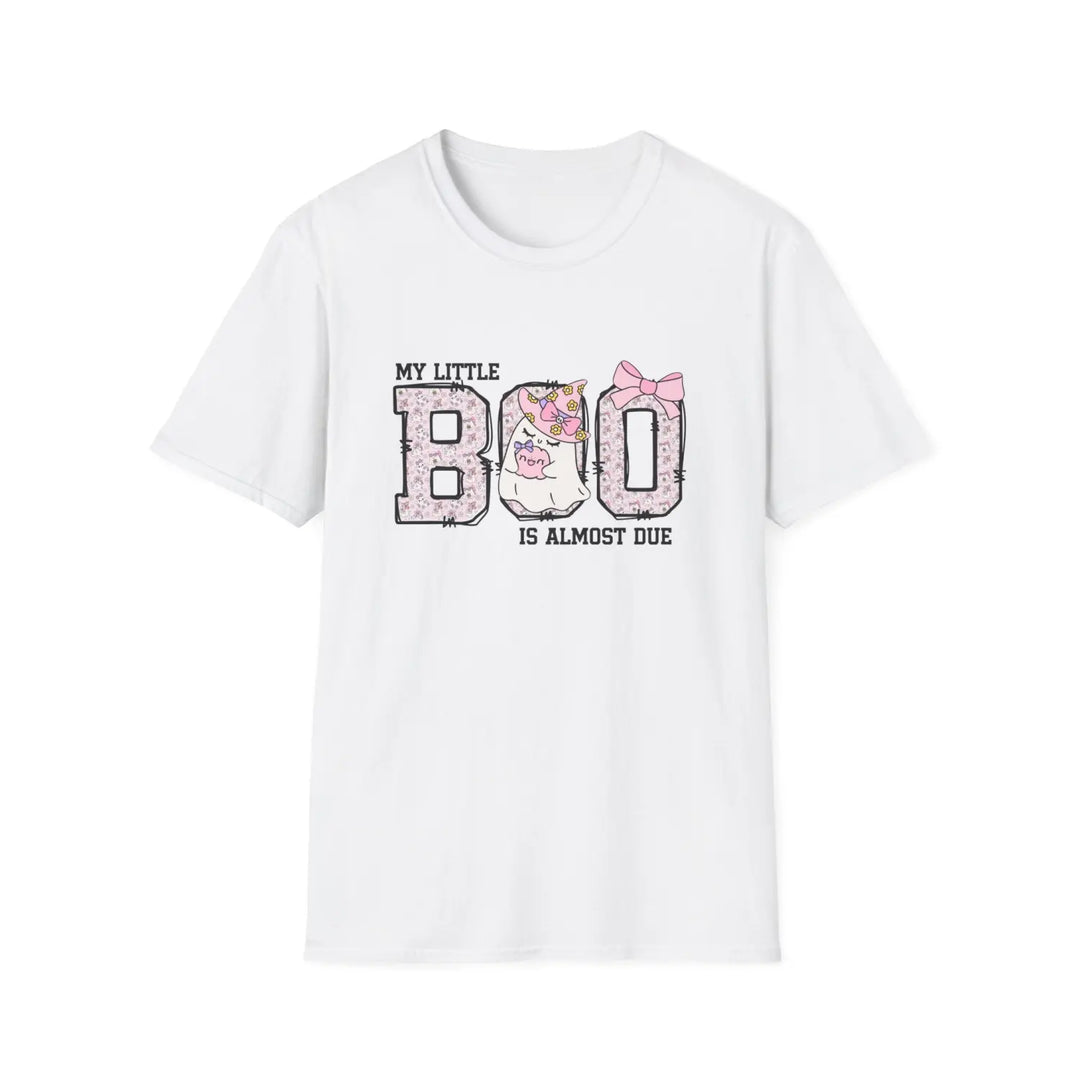 My Little Boo is Almost Dues T Shirt Cute Pregnancy Announcement Top Halloween Mom Gift Baby Shower Outfit Softstyle