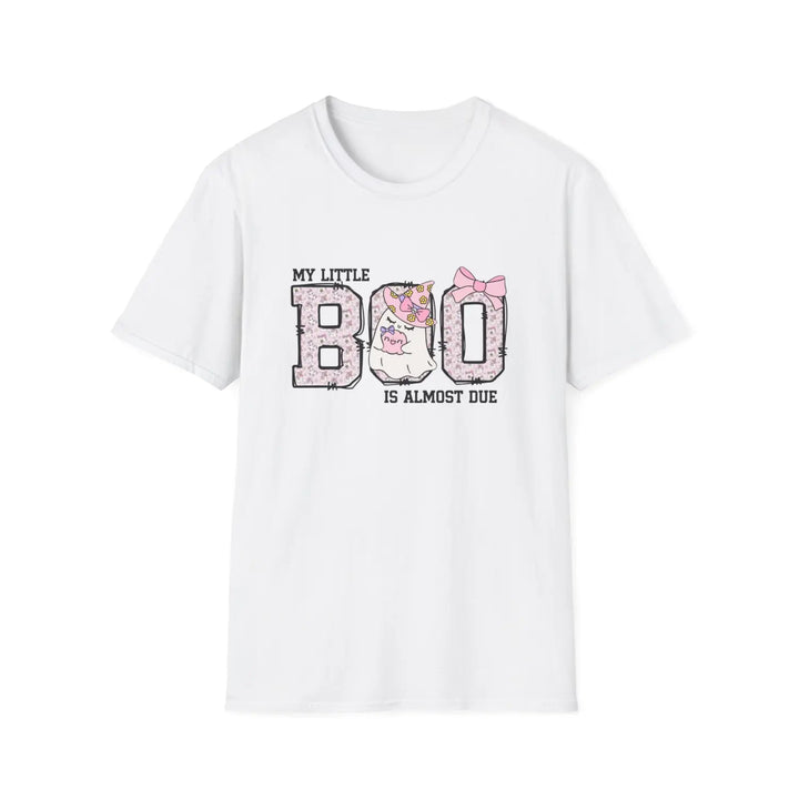 My Little Boo is Almost Dues T Shirt Cute Pregnancy Announcement Top Halloween Mom Gift Baby Shower Outfit Softstyle