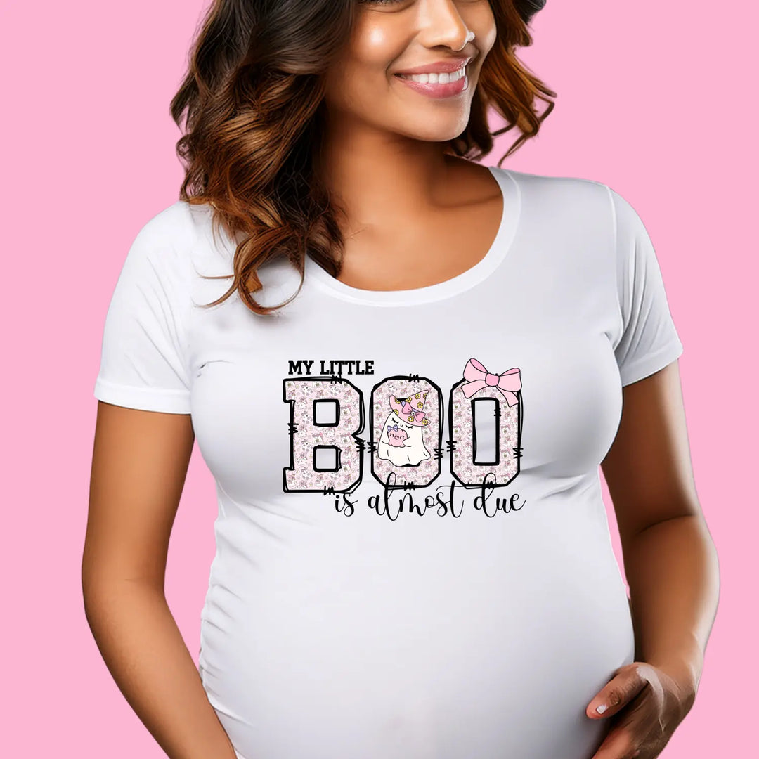 My Little Boo is Almost Dues T Shirt Cute Pregnancy Announcement Top Halloween Mom Gift Baby Shower Outfit Softstyle