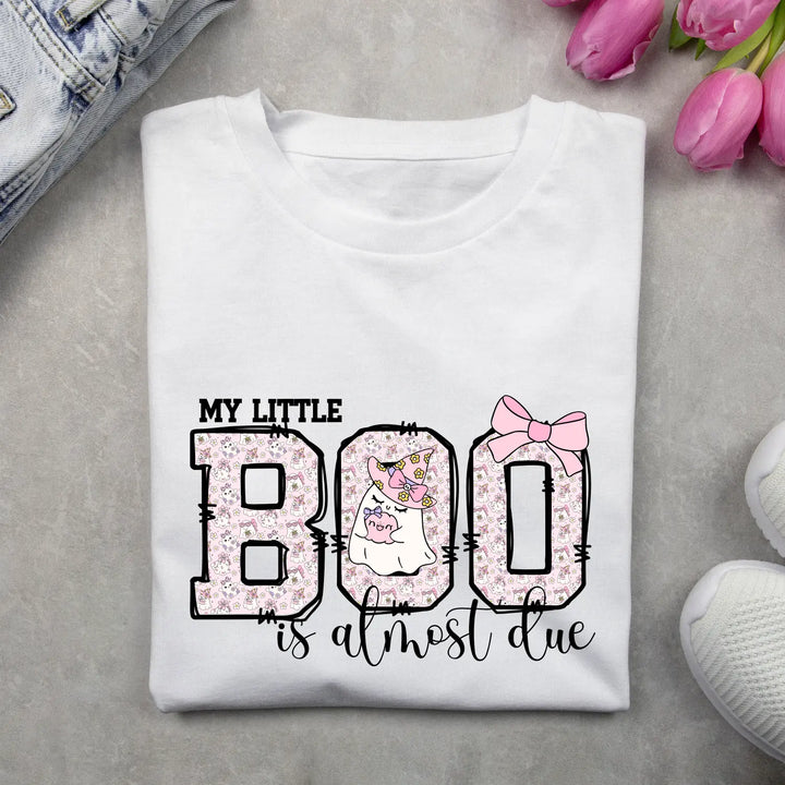 My Little Boo is Almost Dues T Shirt Cute Pregnancy Announcement Top Halloween Mom Gift Baby Shower Outfit Softstyle