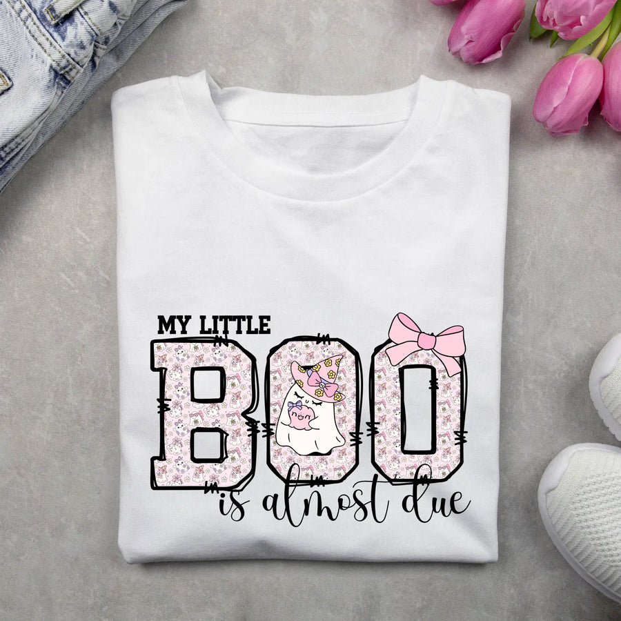 My Little Boo is Almost Dues T Shirt Cute Pregnancy Announcement Top Halloween Mom Gift Baby Shower Outfit Softstyle