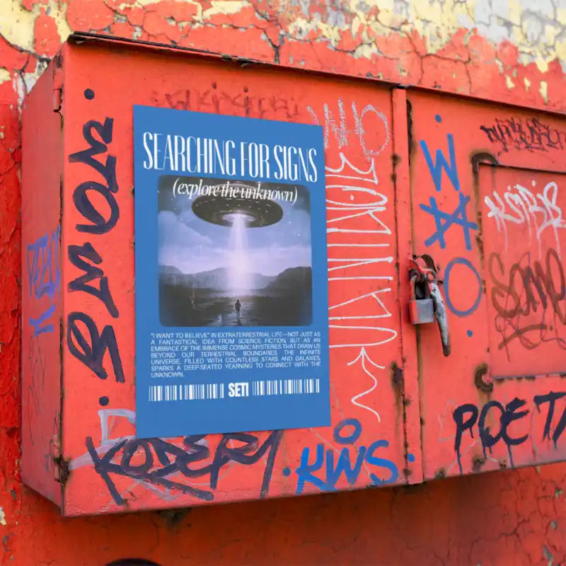 A poster about UFOs titled ’Searching for Signs’ mounted on a graffitied red surface.