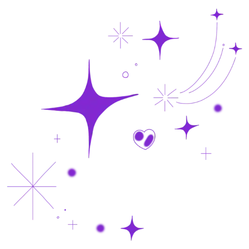 Purple sparkles and stars scattered in a decorative pattern.