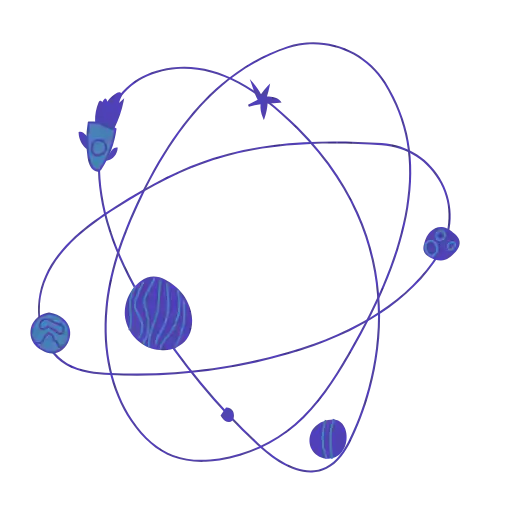 Simple atomic model with orbiting electrons drawn in blue line art.