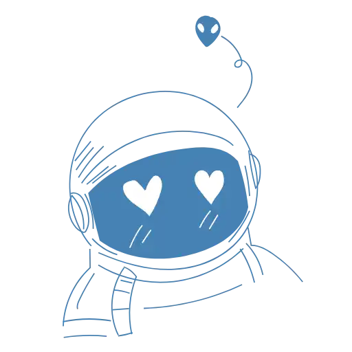 Simple line drawing of an astronaut with heart-shaped reflections in their helmet visor and a floating balloon above.