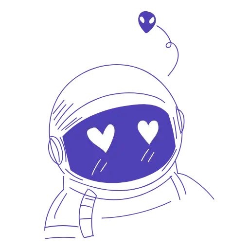 Simple line drawing of an astronaut helmet with heart-shaped reflections and a floating alien balloon.