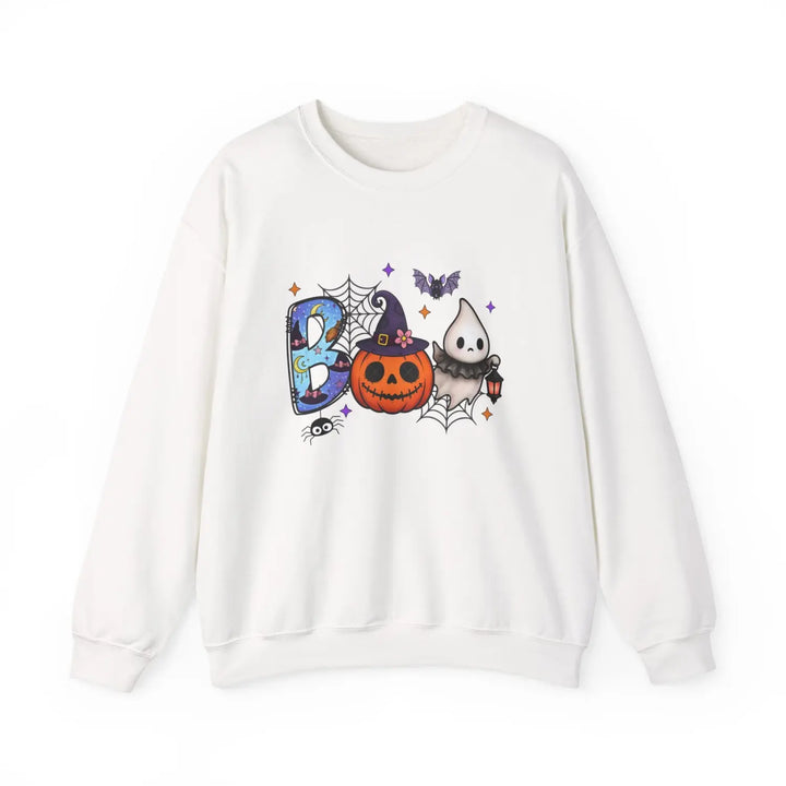 Spooky Season Boo Halloween Pumpkin Ghost Unisex Crewneck Sweatshirt Cozy Fall Apparel Gift Costume Autumn White / S