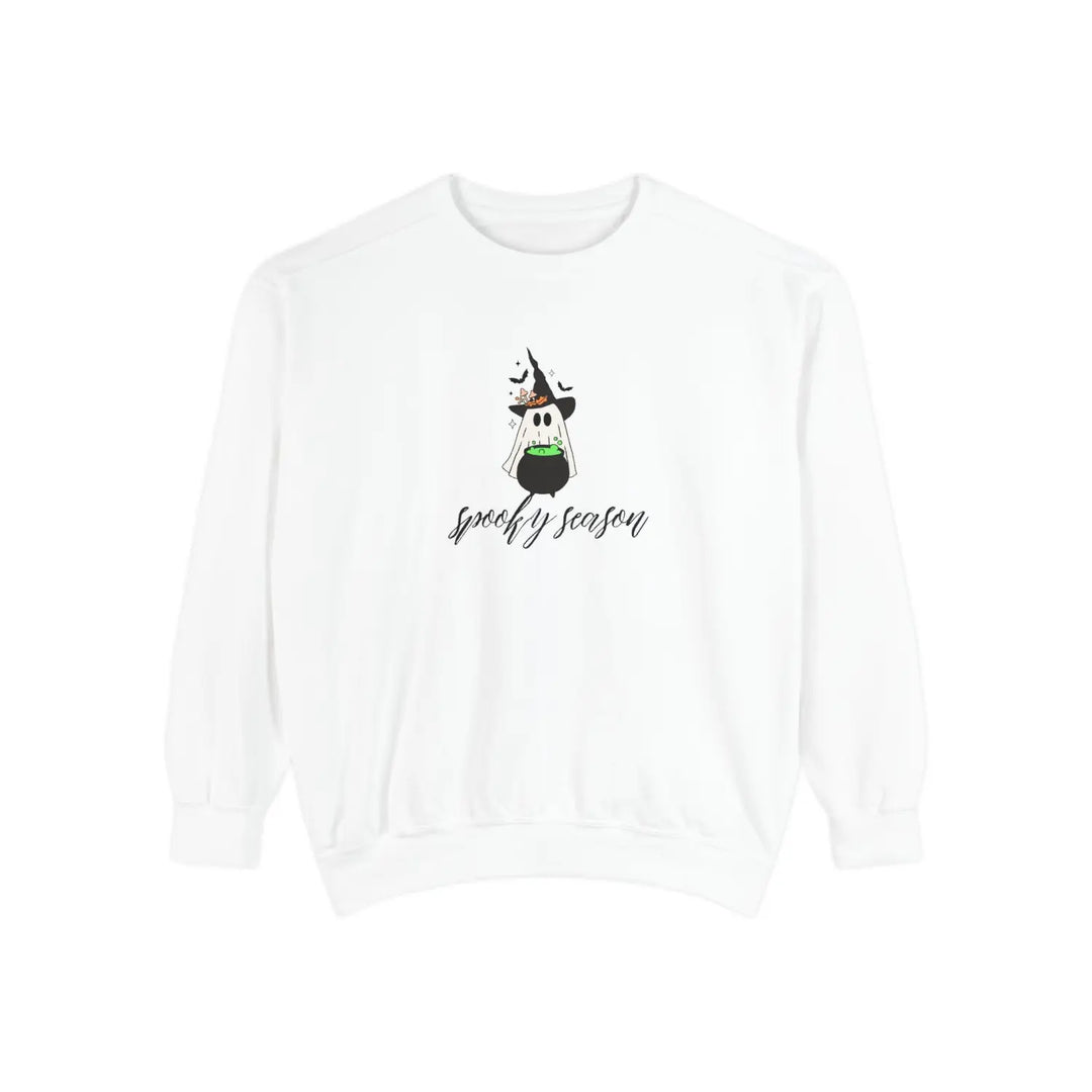 Spooky Season Sweatshirt Cozy Fall Apparel for Halloween Unisex Garment Dyed Gift Festival Wear Seasonal Fashion White