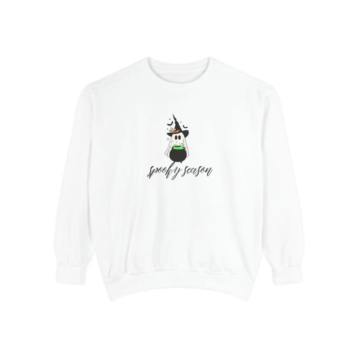 Spooky Season Sweatshirt Cozy Fall Apparel for Halloween Unisex Garment Dyed Gift Festival Wear Seasonal Fashion White