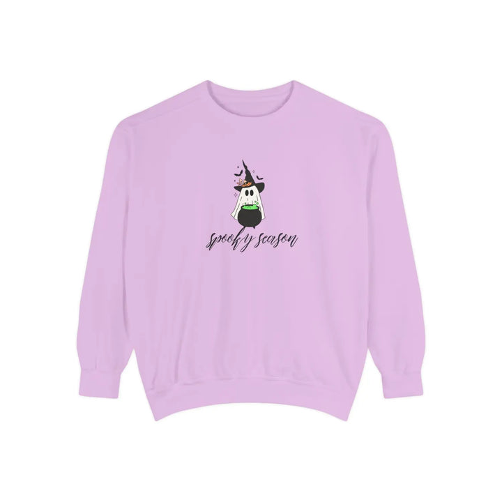Spooky Season Sweatshirt Cozy Fall Apparel for Halloween Unisex Garment Dyed Gift Festival Wear Seasonal Fashion Orchid