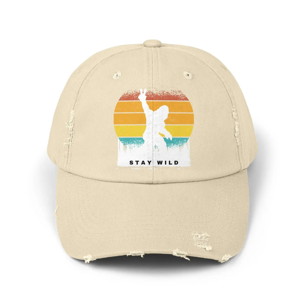 Stay Wild Unisex Distressed Cap - Casual Summer Hat for Adventurers - Bigfoot Design Gift Men and Nature Lovers - Stone