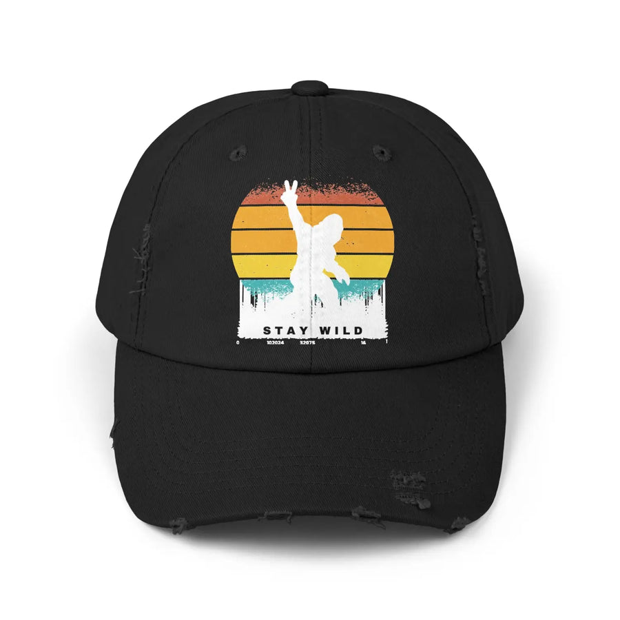 Stay Wild Unisex Distressed Cap - Casual Summer Hat for Adventurers - Bigfoot Design Gift Men and Nature Lovers - Black