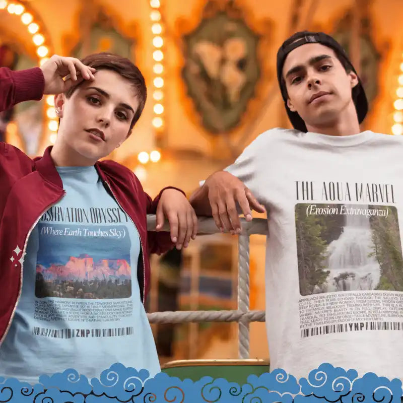 Two people wearing t-shirts with album artwork designs leaning against a railing.