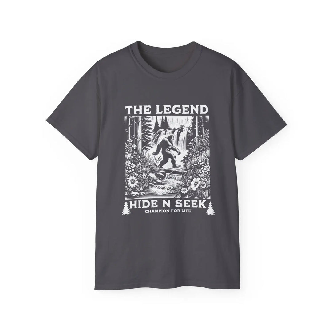 Bigfoot The Legend Hide N Seek Unisex Ultra Cotton Tee - Adventure & Nature Inspired Shirt - Guardian of - Charcoal / S