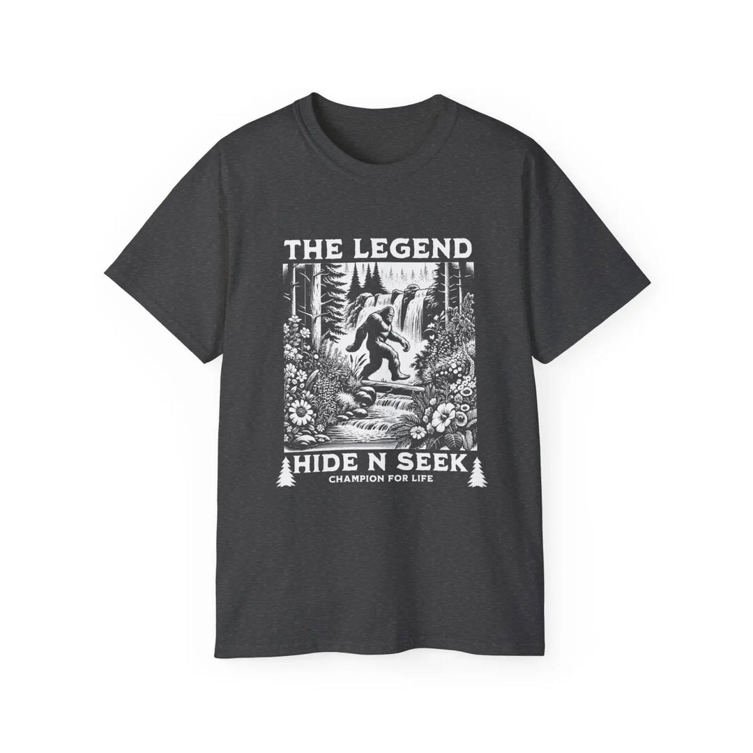 Bigfoot The Legend Hide N Seek Unisex Ultra Cotton Tee - Adventure & Nature Inspired Shirt - Guardian of - Dark Heather