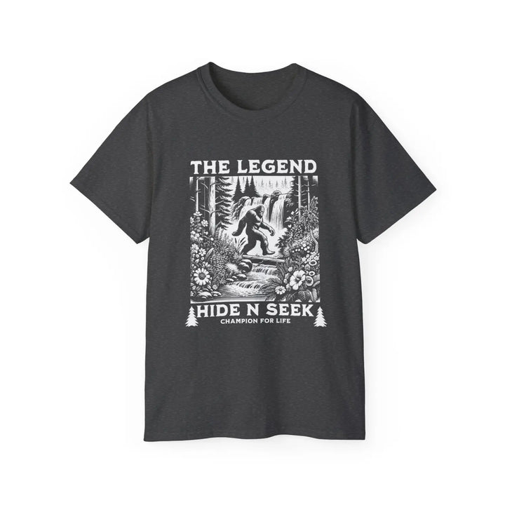 Bigfoot The Legend Hide N Seek Unisex Ultra Cotton Tee - Adventure & Nature Inspired Shirt - Guardian of - Dark Heather