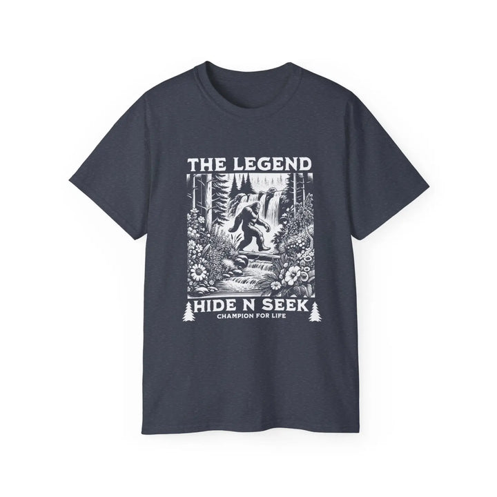 Bigfoot The Legend Hide N Seek Unisex Ultra Cotton Tee - Adventure & Nature Inspired Shirt - Guardian of - Heather Navy