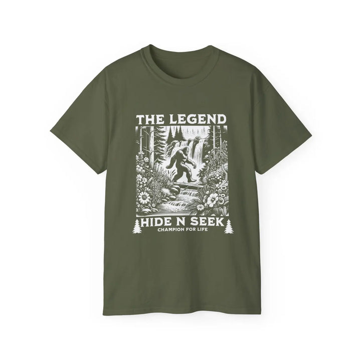 Bigfoot The Legend Hide N Seek Unisex Ultra Cotton Tee - Adventure & Nature Inspired Shirt - Guardian of - Military
