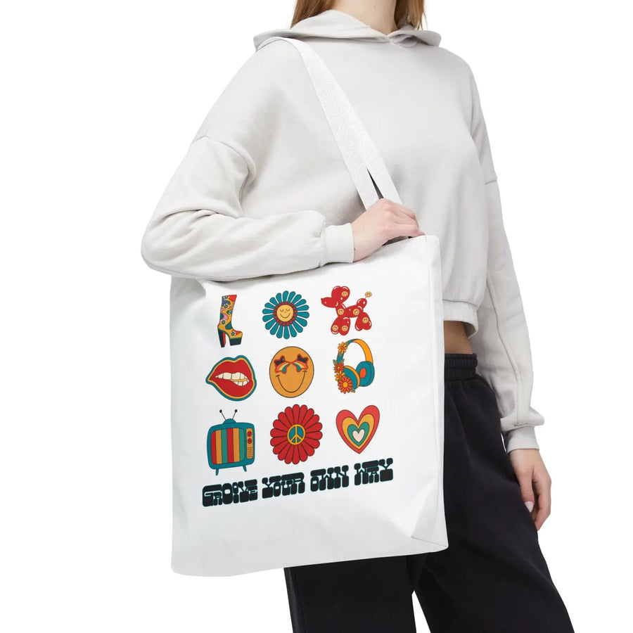 Vibrant Retro Tote Bag Stylish Shopper Floral & Fun Design Eco-Friendly Bags Gift for Her Everyday Use - 18’’ × / White