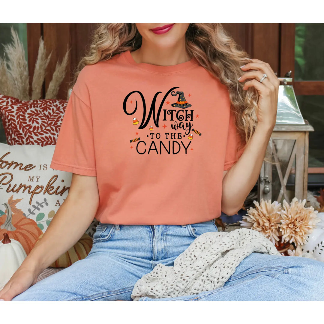 Witch Way to the Candy T Shirt Unisex Halloween Tee Spooky Seasonal Apparel Trick or Treat Fun Gift for Lovers Witchy