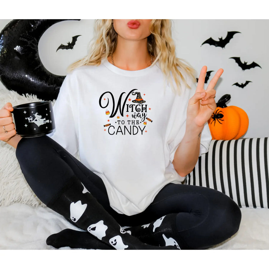 Witch Way to the Candy T Shirt Unisex Halloween Tee Spooky Seasonal Apparel Trick or Treat Fun Gift for Lovers Witchy