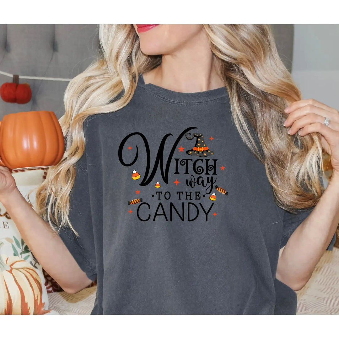Witch Way to the Candy T Shirt Unisex Halloween Tee Spooky Seasonal Apparel Trick or Treat Fun Gift for Lovers Witchy