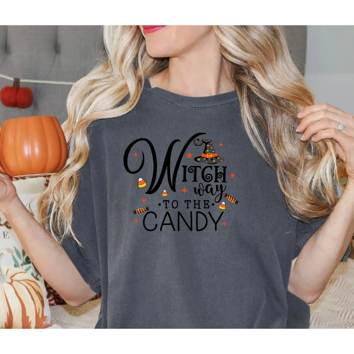 Witch Way to the Candy T Shirt Unisex Halloween Tee Spooky Seasonal Apparel Trick or Treat Fun Gift for Lovers Witchy