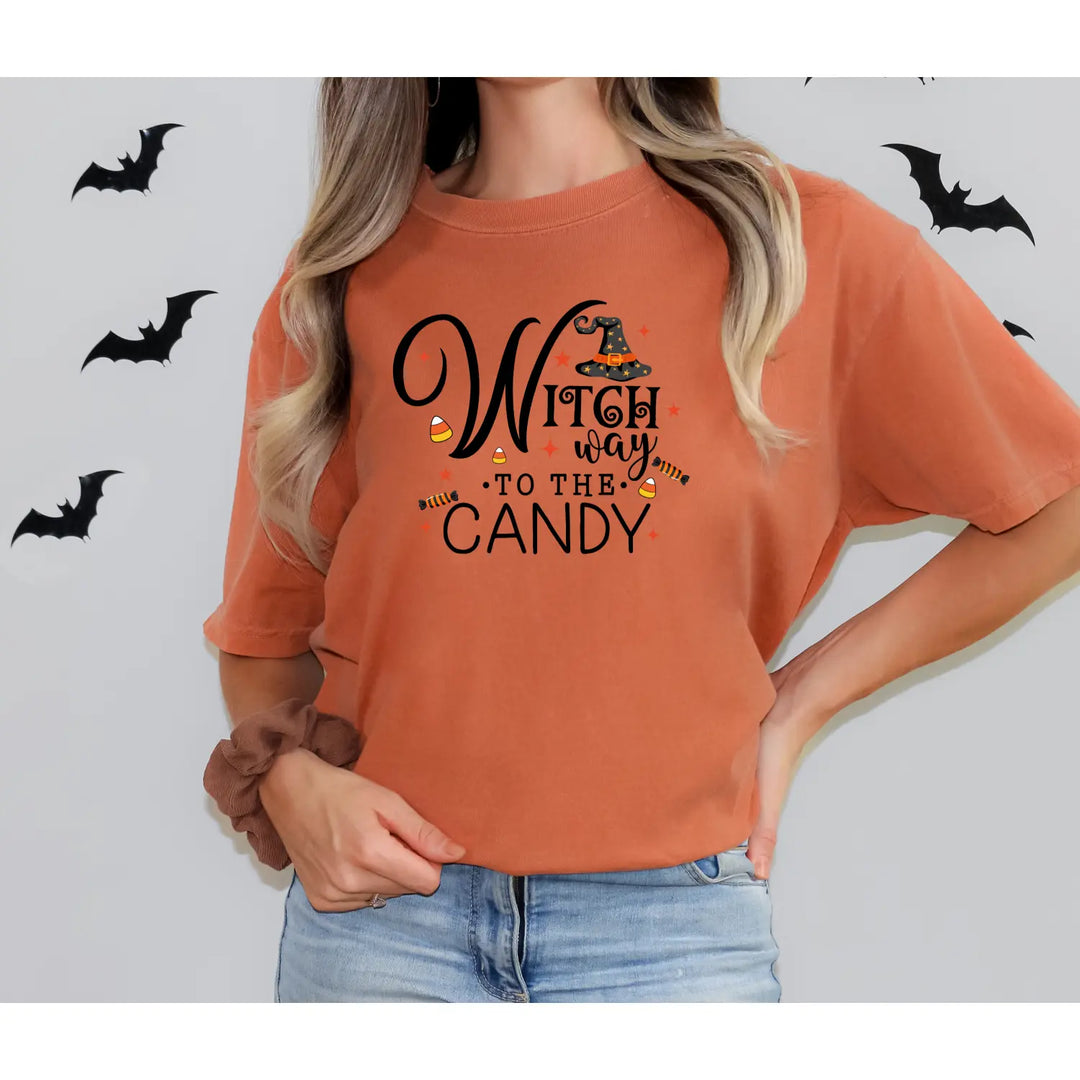 Witch Way to the Candy T Shirt Unisex Halloween Tee Spooky Seasonal Apparel Trick or Treat Fun Gift for Lovers Witchy