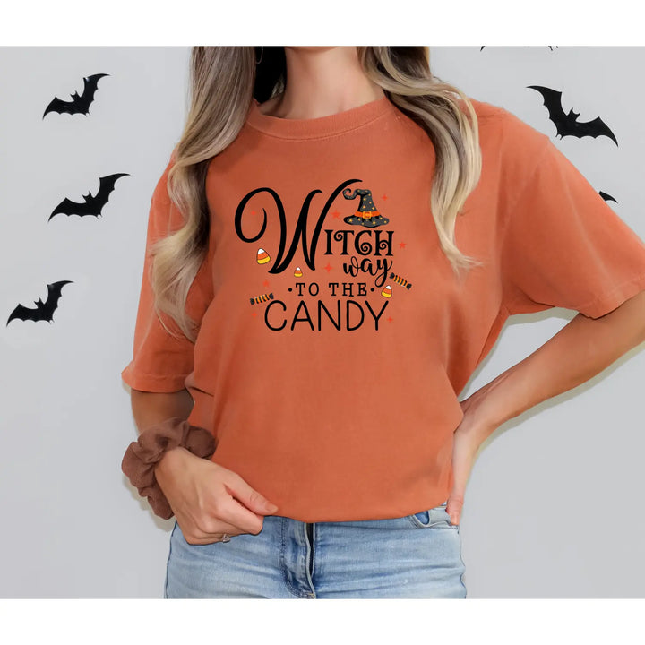 Witch Way to the Candy T Shirt Unisex Halloween Tee Spooky Seasonal Apparel Trick or Treat Fun Gift for Lovers Witchy