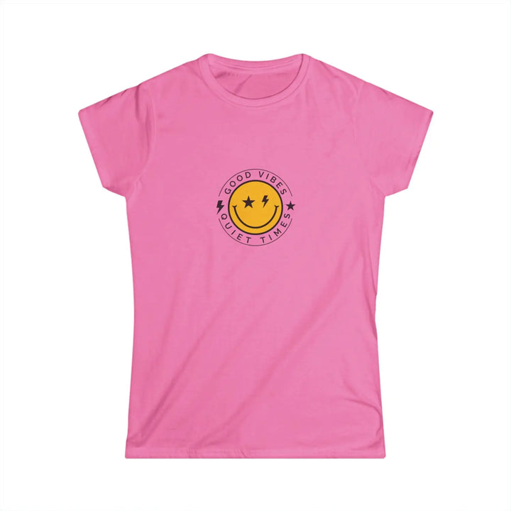 Women’s Tee - Good Vibes Relaxation Shirt with Smiley Face Design - Azalea / S - T-Shirt